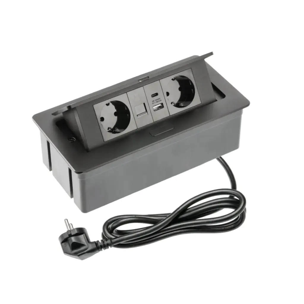 Furniture socket MULTISOFT, 2xSHUKO, USB A+C, RJ45, cable 1.5 m, black 